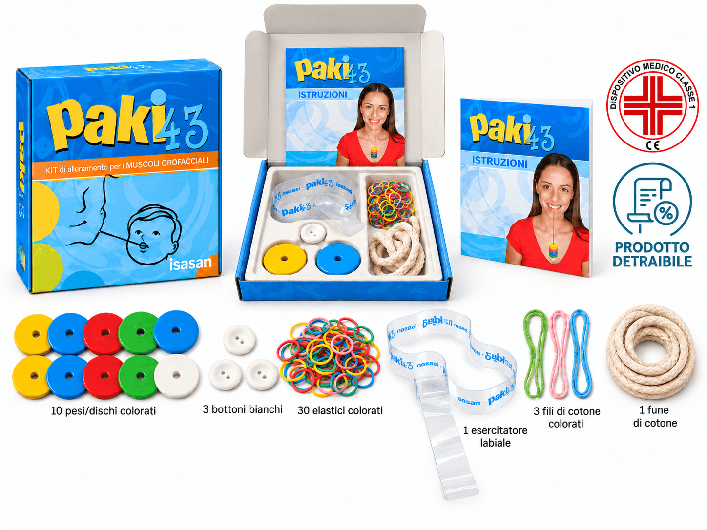 Kit Paki43 Metodo Andretta ISASAN completo con 10 pesi/dischi, 30 elastici, 3 bottoni, esercitatore, fili, fune e schede